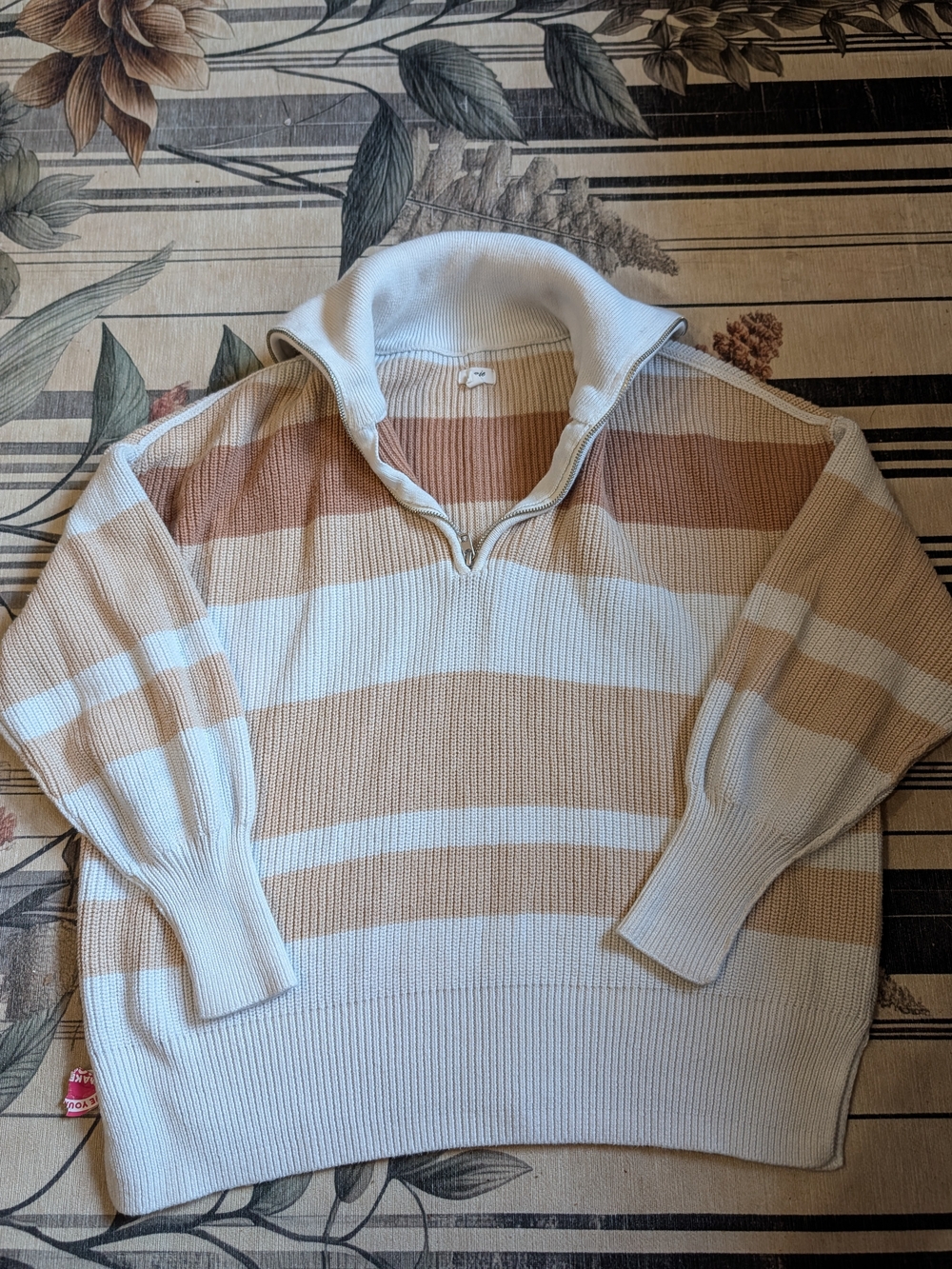Aerie Womens Half-Zip Striped Sweater - Cream & Tan